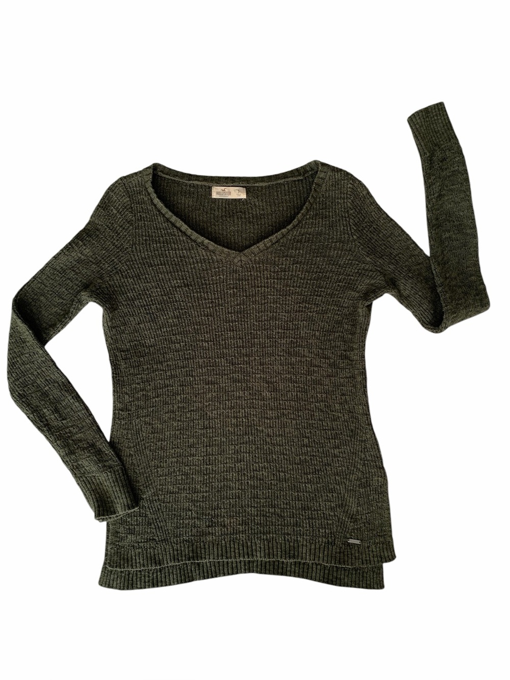 Hollister Green V Neck Sweater Women Small Ribbed Long Sleeve Side Slit Pullover